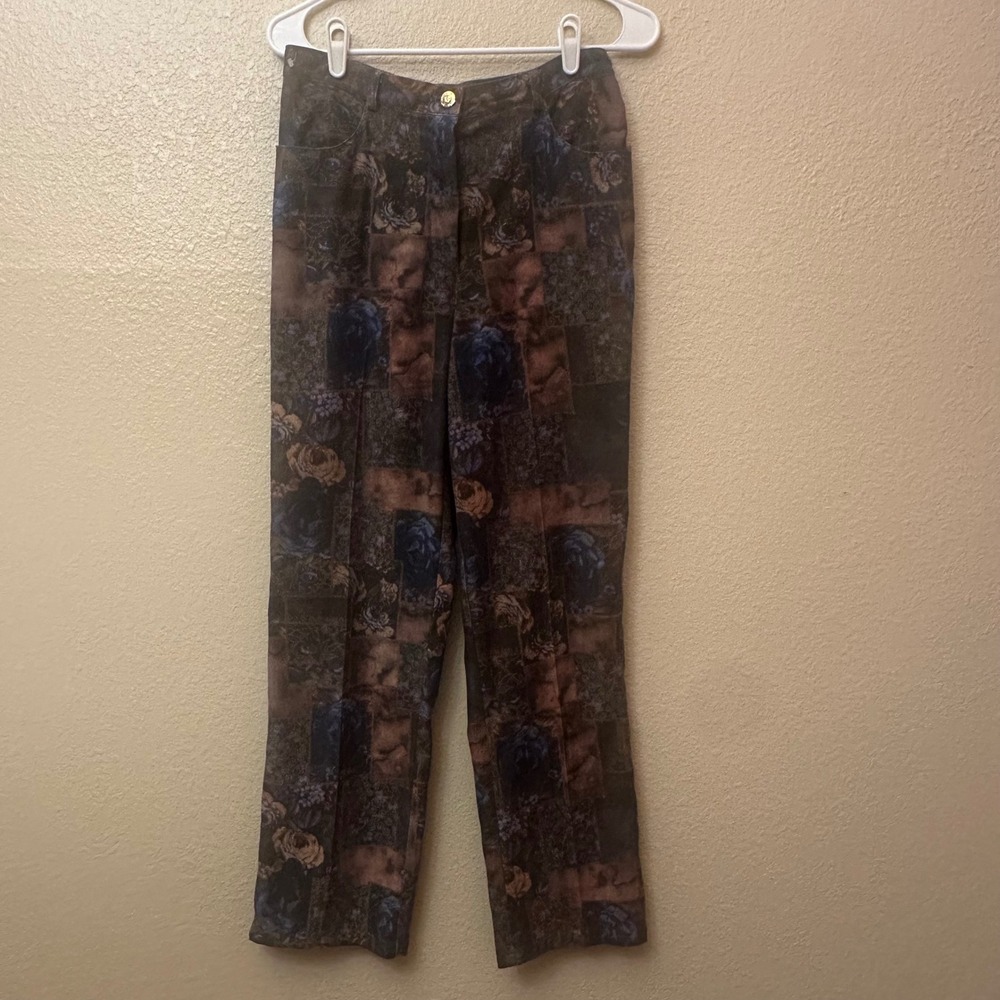 St John Sport Marie Gray Patchwork Floral Pants Blue Brown High Rise Size 4
